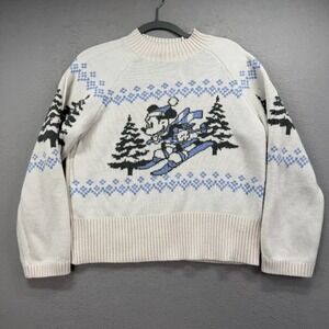 Disney Mickey Mouse Sweater Womens Medium White Blue Skiing Fair Isle HM Divided